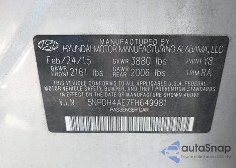 2015 Hyundai Elantra Se из США, поврежденный, VIN 5NPDH4AE7FH649981